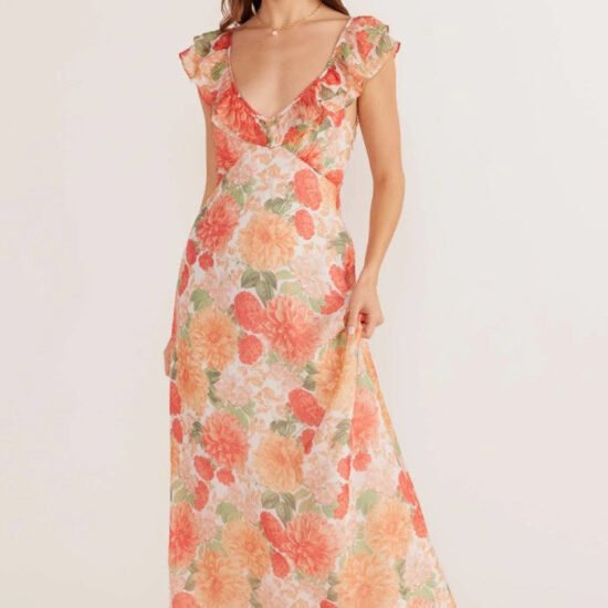 Aida Frill Maxi Dress-Apricot Floral